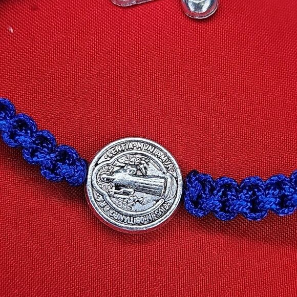 St. Benedict Blessed Cross Blue Bracelet Adjustable String Silver Tone Metal - Picture 3 of 6